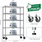 IZEUK 5-Tier Storage Shelving Unit with Wheels, Adjustable Heavy Duty Steel Wire Rack Organizer (Chrome, 17.7" D x 47.2" W x 76.7" H, 1750 lbs Capacity) for Garage, Kitchen, Pantry, Laundry, Basement