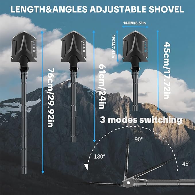 Jbox Shovel Axe Set, High Carbon Steel Folding Shovel with Adjustable 19.2-37.8 Inch Handle, Multi-Tool for Camping, Hiking, Cycling & Emergency, Includes Headlamp, Tactical Outdoor Gear