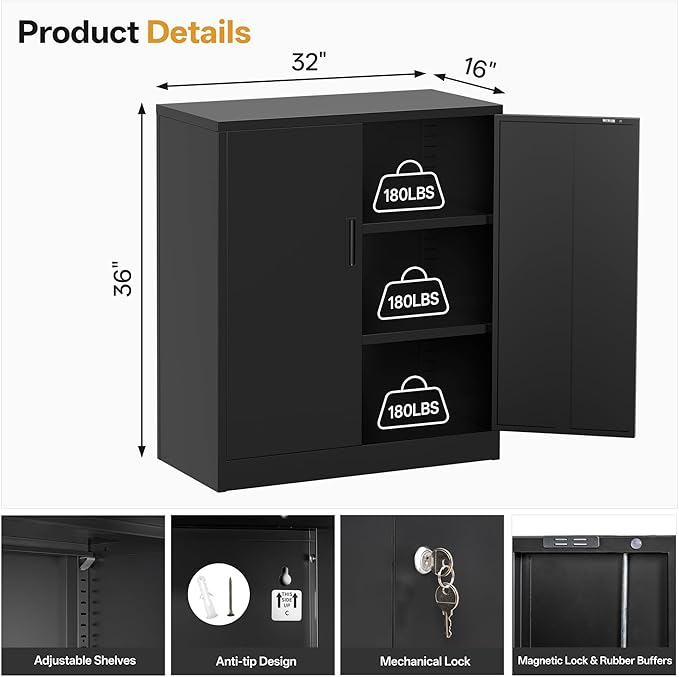 Metal Storage Cabinet 36" H,Steel Locking Cabinet with 2 Lockable Doors and 2 Adjustable Shelves Easy to Assemble for Home Office, Garage,School, Apartment, Warehouse, Utility Room,Black