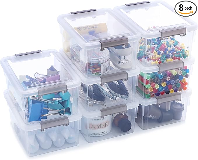 Citylife 1.3 QT 8 Packs Small Storage Bins Plastic Storage Container Stackable Box with Lids for Organizing, Clear White