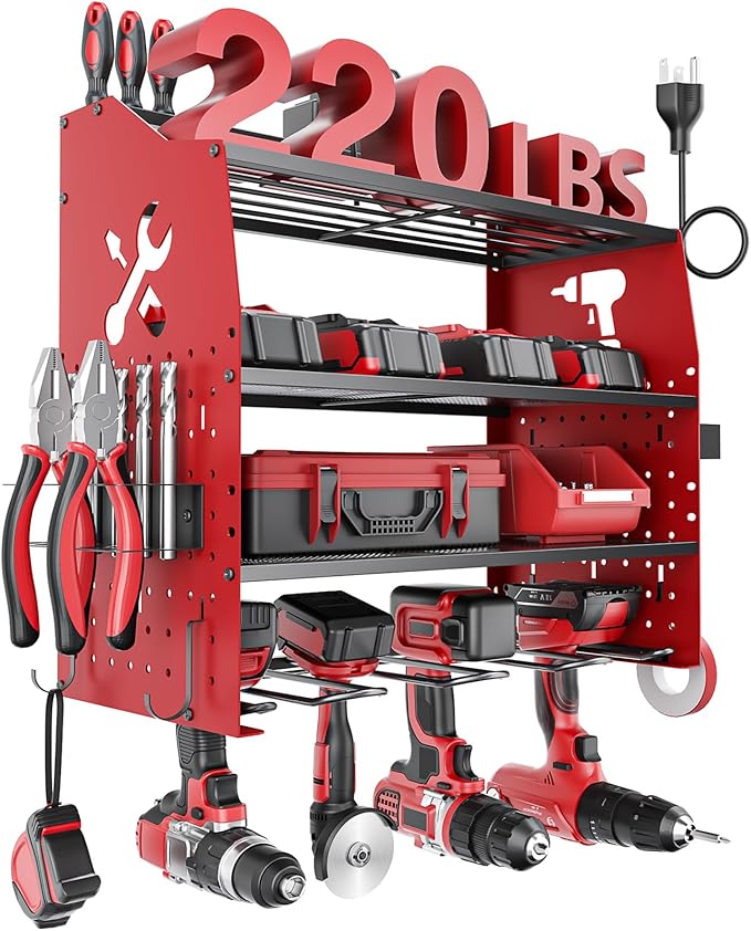 [2025 Upgraded] Power Tool Organizer Wall Mount with Charging Station, [5-Layer 220 LBS Heavy Duty], Metal Garage Tool Organizer Storage, Tool Battery Utility Racks for Room Garage Workshop Workbench