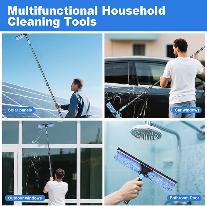 DOBEN 24-Foot Carbon Fiber Window Cleaner Tool with Telescopic Extension Pole, Rotating Scrubber & Squeegee - Durable Lightweight Design for Indoor/Outdoor Glass Cleaning