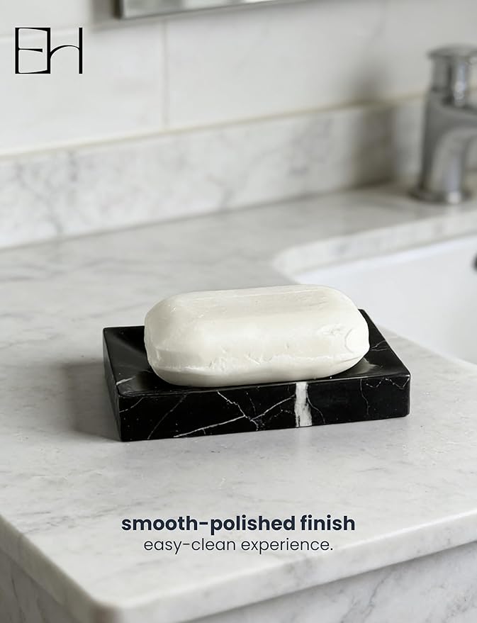 Natural Marble Soap Dish for Shower with Silicone Non-Slip Feet, Stone Drying Tray, Bar Soap Saver, Holder Container for Bathroom Decor Accessories(Black Marquina, Rectangular)