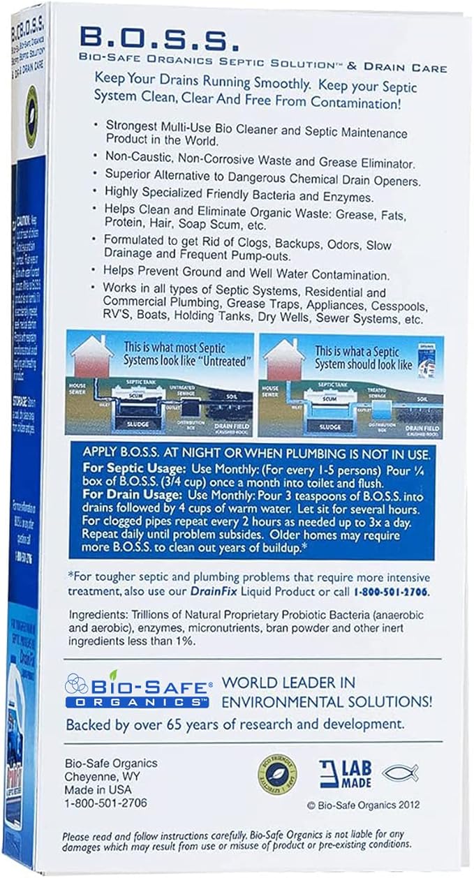 B.O.S.S.- Bio-Safe Organics Septic Solution & Drain Care 12.5 oz Powder - Patented Bacteria Enzyme Exxon Valdez Septic Tank Maintenance & Drain Care Formula, All Septic Tank Systems & Drains - 3 pack