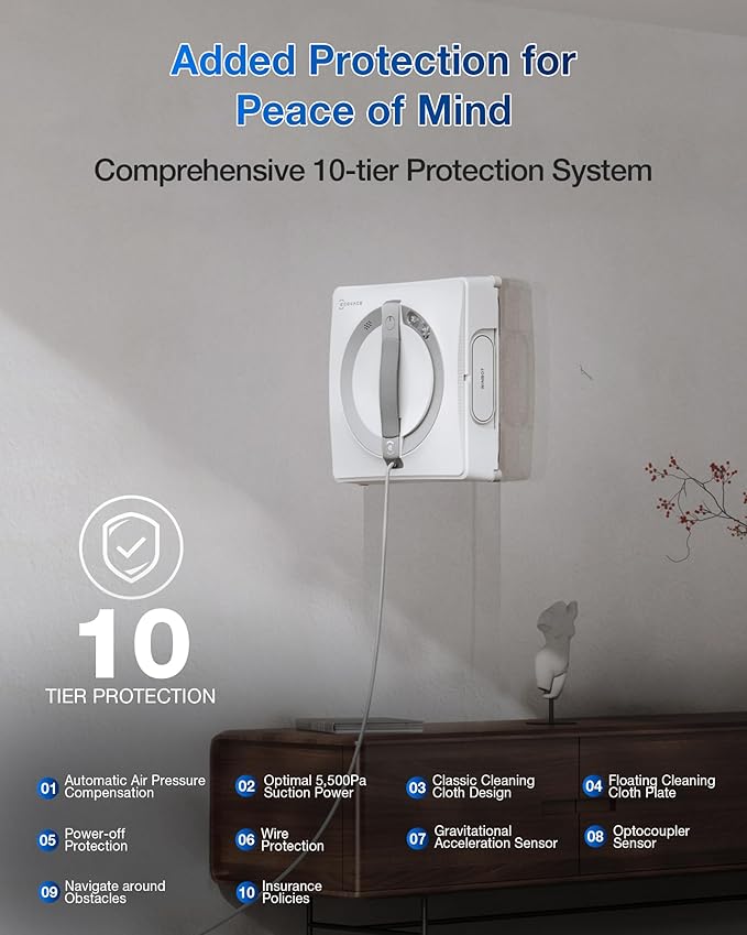 ECOVACS WINBOT W2 PRO Window Cleaning Robot, 3 Nozzles Water Sprayer, 10-Level Protection System, Win-SLAM 4.0 Path Planning, Steady-Climbing System, Edge Detection, App Control
