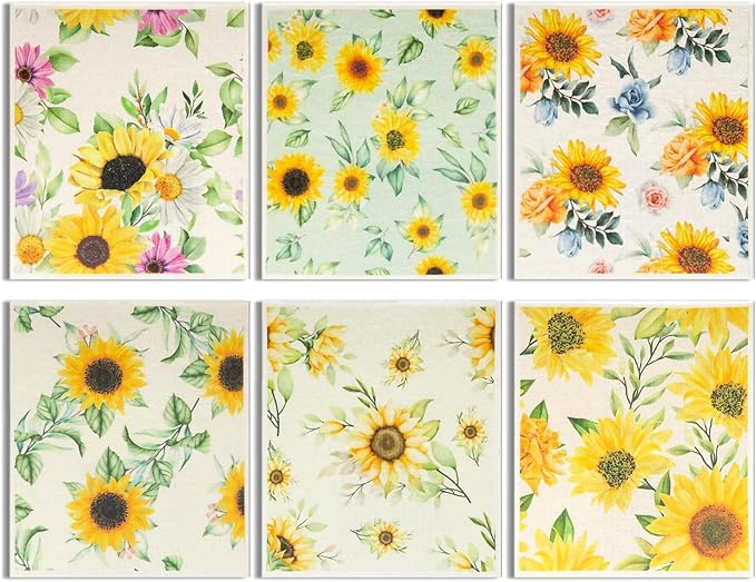6 - Pack Swedish Kitchen Dish Cloths - Reusable Paper Towels for Counters & Dishes - Eco Friendly Cellulose Sponge Cloth - Assorted (Sunflower)