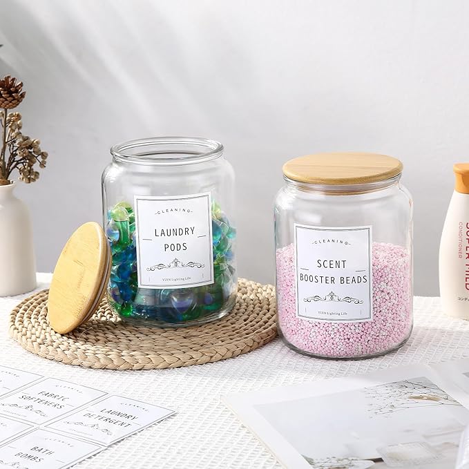 Laundry Pods Container With Airtight Bamboo Lid,Glass Jars for Laundry Room Organization Jar. Dishwasher pods container.1/2 Gallon Laundry Jars for Detergent Powder,Scent Boosters,Laundry Room Storage