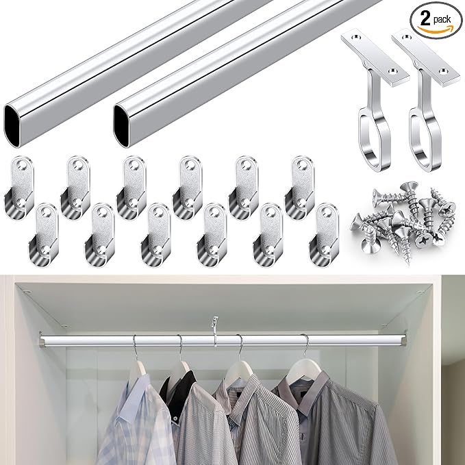 Tandefio Chrome Closet Rod 92 Inch with Oval Closet Rod 6 End Supports for Laundry Room Hanging Clothes Waterproof Shower for Curtains (Silver,2 Sets)