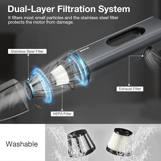 NEXPOW Handheld Car Vacuum Cleaner High Power with Dual Filter,8000PA Compact Handheld Vacuum Cleaner,Hand held Vacuum Cordless Rechargeable for Car Interior Care in Gray Aluminum Alloy