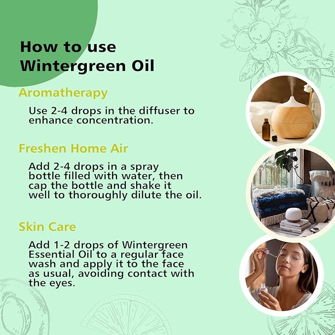Wintergreen Essential Oil - Pure Organic Wintergreen Oil for Aromatherapy, Diffusers, Spray, Skin & Hair Care, Massage, Cleaning - 10mL