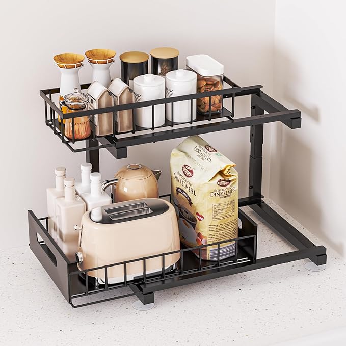 2 Pack Under Sink Organizer, 2-Tier Heavy Duty Metal Pull Out Cabinet Organizer Slide Out Sink Shelf Organizer Height Adustable, Multi-Purpose Storage Shelf for Kitchen Bathroom (Black, 2 Pack)