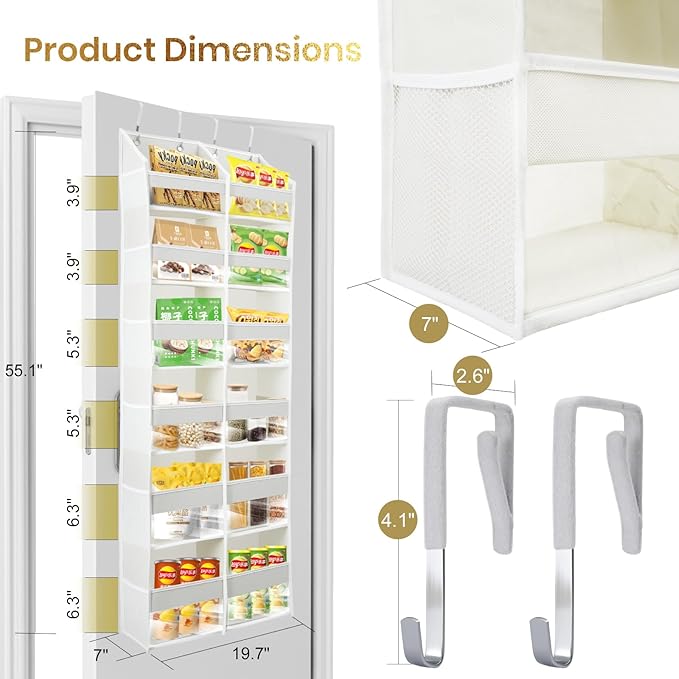 HOMELUX THEORY UPGRADED Over The Door Organizer Hanging - 100D EXTRA THICK & 50lbs HUGE CAPACITY 6 Large Front & 12 Side Pockets, Over The Door Shoe Organizer, Hanging Closet Organizer (Light Gray XL)