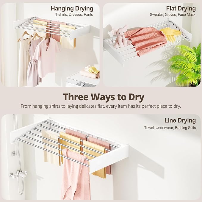 Wall Mounted Clothes Drying Rack Folding Indoor, Foldable Laundry Drying Rack Collapsible,Invisible, Space Saving, Retractable Towel Drying Rack, with Wall Template(6 Drying Rods, White 40")