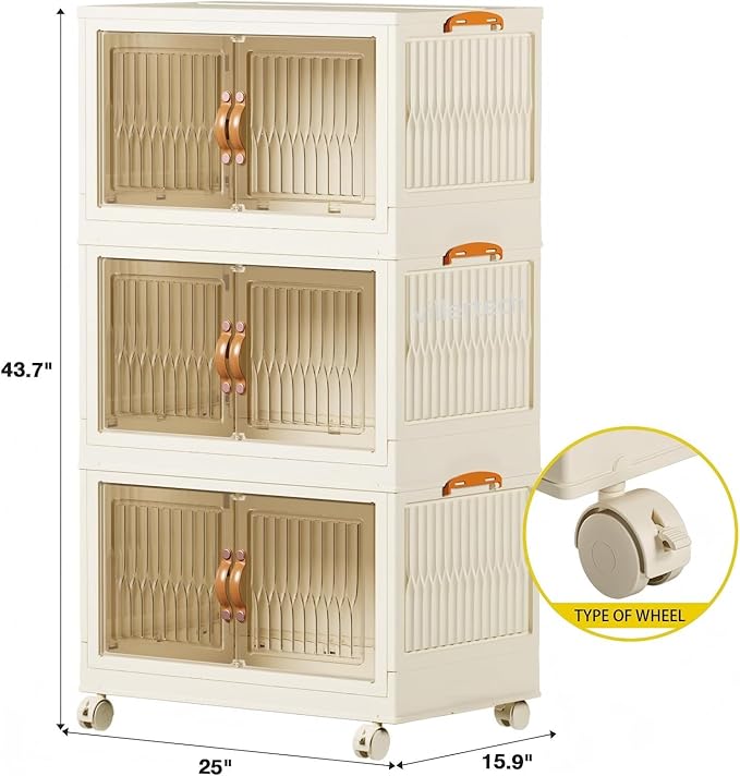 Stackable Storage Bins 104 Qt, Folding Storage Box with Lids and Doors, Open Front Folding Storage Bins with Wheels Large Plastic Storage Container Closet Organizers (3 Tier)