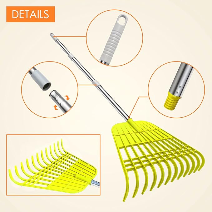 Gardzen 12 Tines Gardening Leaf Rake, Lightweight Steel Handle, Detachable, Ideal Camp Rake, Comes with Dustpan-Type Garden Bag - Yellow