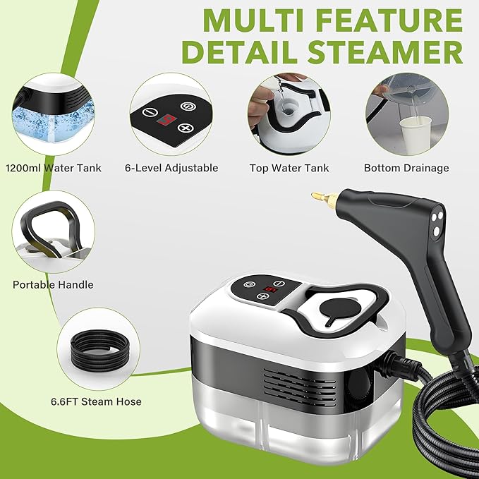 Steam Cleaner for Home & Car Detailing, 2500W Pressurized Handheld Steam Cleaner, 15s Fast Heating, 6 Levels Steam Output, 1.2L Water Tank