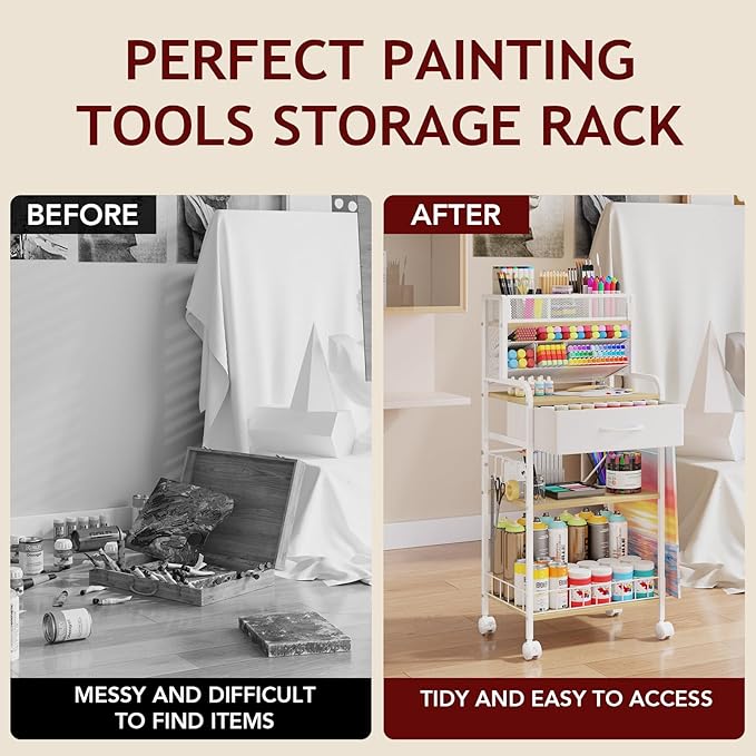 Art cart, 3 Tier Rolling Cart - Utility Cart with Storage Drawer and Wheels, Versatile Art & Craft Organizer for Home, Office, or Studio Ideal for Storing Brushes, Paints （ White）