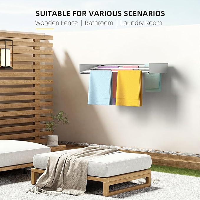 Laundry Drying Rack, Collapsible Wall Mounted - Drying Rack Clothing Foldable,Space Saving, 23.6" Wide, 13.2 Linear Ft, 5 Aluminum Rods, 60 lb Capacity (White, 23.6")