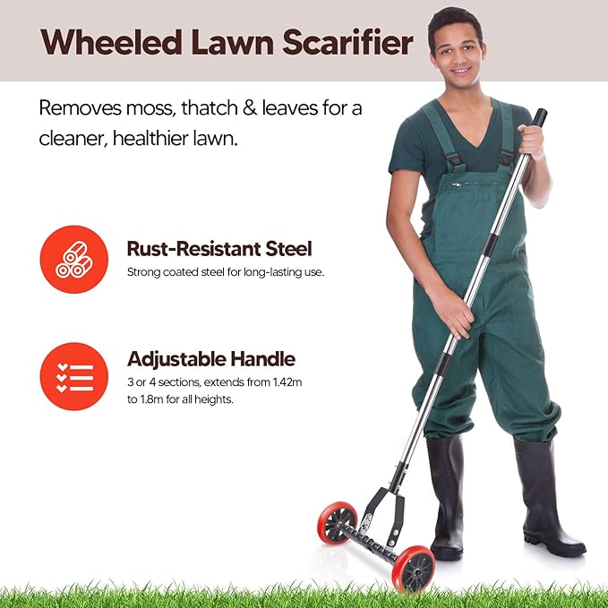 Uranshin Lawn Thatch Rake with Wheels, Dethatching Roller Rake for Lawn Care, Sturdy Stainless Steel Blades Tines, Heavy Duty Yard Lawn Thatch Remover for Moss, Grass Clippings, Leaves & Debris