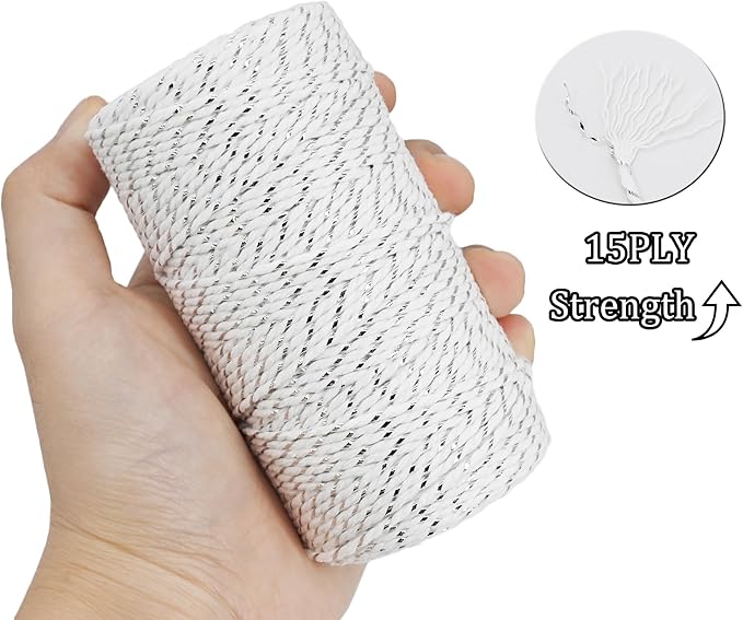 Leecogo Cotton Twine Silver and White Baker String 2mm Thick 328 Feet Christmas Twine for Gift Wrapping DIY Crafts Home Party Decoration