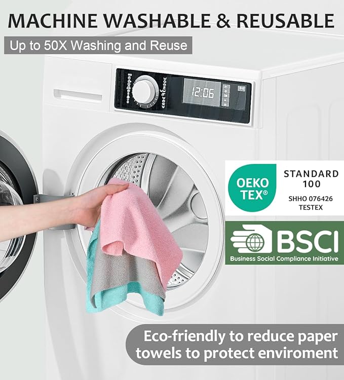 UPSTAR Microfiber Cleaning Cloth, Reusable Paper Towels Rolls, Dish Rags for Washing Dishes, Kitchen, Bathroom, Car, 12x12 inch, 50 Packs/Roll, Pink