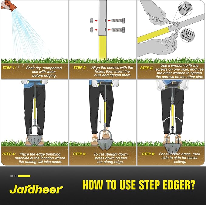 Jardineer Edger Lawn Tool Long Handle, Upgraded Manual Grass Edger with Double V-Shaped Serrated Edge Blade and Wide Footplate, Edgers for Landscaping Yard Maintenance