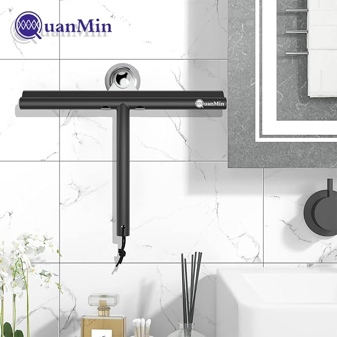 Upgrade Design Shower Squeegee with Hook, 11 inch Stainless Steel Core Glass Wiper, Multi-Purpose Glass Silicone Rubber Household Squeegees for Glass and Ceramic Doors Windows, Rounded Black