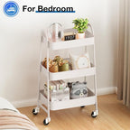 OLIXIS 3 Tier Utility Rolling Cart, Metal Mobile Storage Shelf with Lockable Caster Wheels, Organization for Livingroom, Bathroom, Kitchen, & Narrow Places, White