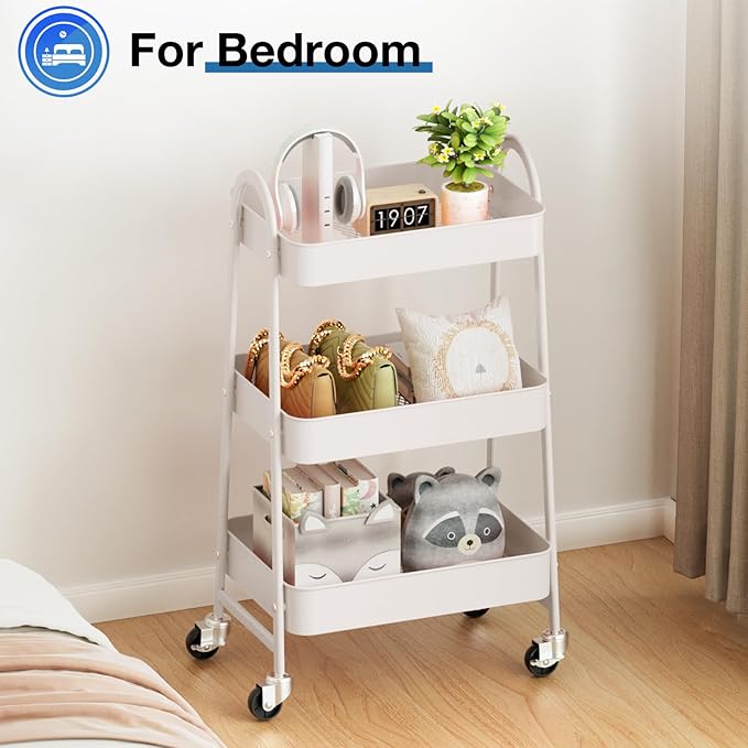 OLIXIS 3 Tier Utility Rolling Cart, Metal Mobile Storage Shelf with Lockable Caster Wheels, Organization for Livingroom, Bathroom, Kitchen, & Narrow Places, White