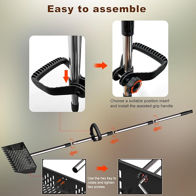 Metal Chicken Poop Scooper & Rake Scoop 10" Metal Chicken Coop Rake with Assistanted Handle Grip Heavy Duty Scoop Tool Adjustable Long Handle (36 to 62") for Coops Farm Animals