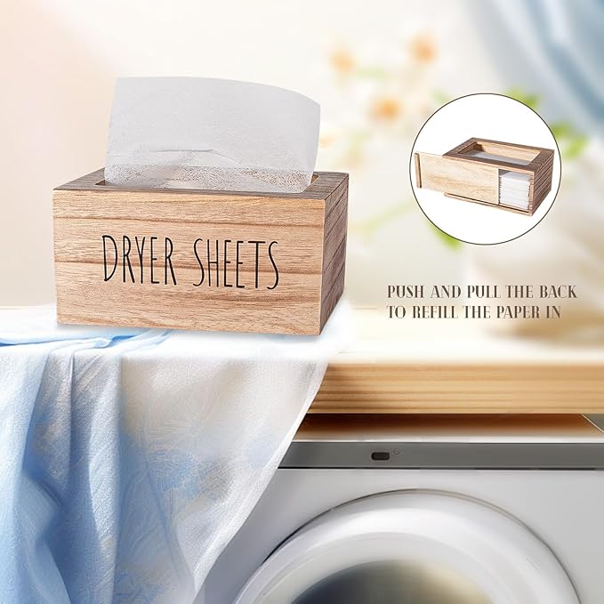 zoocatia Laundry Room Decor Dryer Sheet Container Wood Detergent Dispenser Organization and Storage Box Holder for Laundry Pods, Dryer Balls, Brown