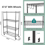 WDT 4-Tier Storage Shelves, Heavy Duty Metal Shelves Wire Rack Shelving Unit, Adjustable Shelf with Wheels for Home Office Garage Kitchen Shelf, 36" D x 14" W x 58" H