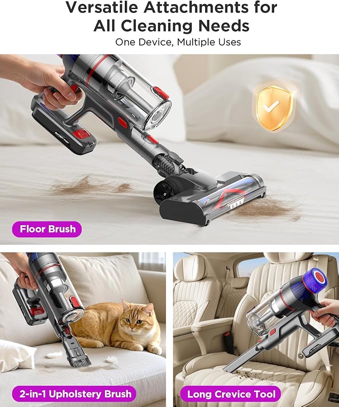 Cordless Stick Vacuum Cleaner for Home: Power Suction Vacuum Tangle-Free Lightweight Design & 2600mAh Detachable Battery Up to 50mins Runtime for Pet Hair Carpet Hardwood Floor