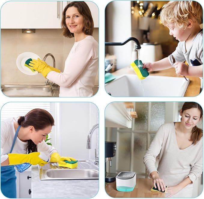 Dish Soap Dispenser with 6 Kitchen Sponges for Kitchen Sink,1 Foldable Silicone Funnel,1 Dishwashing Liquid Dispenser for Kitchen -2-in-1 Soap Dispenser with Sponge Holder