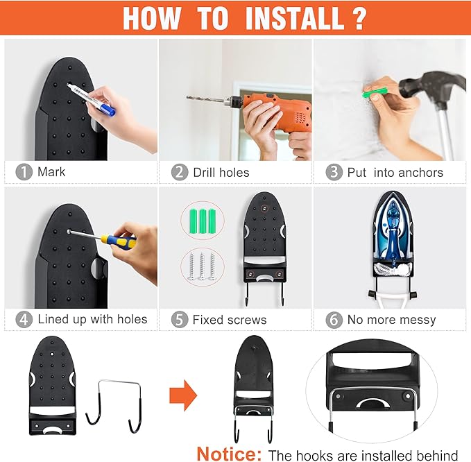 Ironing Board Hanger Wall Mount Ironing Holder Heat Resistant Iron Hanger with Iron Board Rack for Max 5 Inch Width (Black)