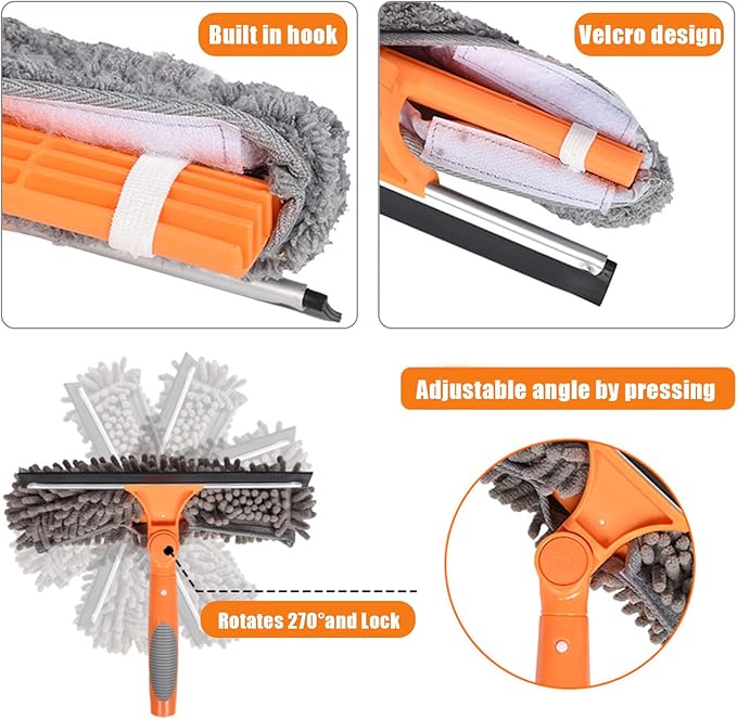 Window Cleaner Tool for Home, 3 in 1 Squeegee for Window Cleaning Kit for High Window with 1 Rotatable Head 3 Interchangeable Scrubber with Extension Pole ﻿