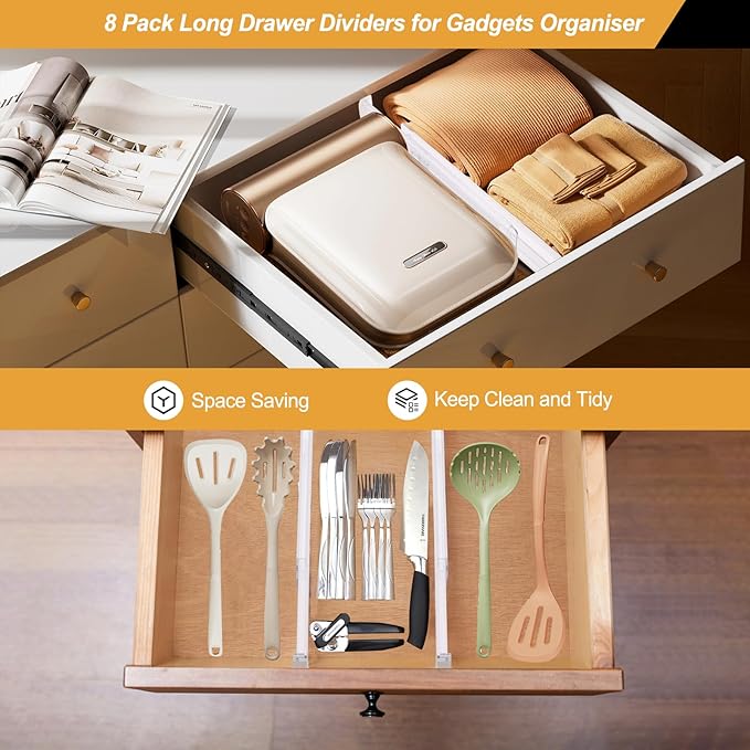 8 Pack Drawer Dividers for Clothes, 2.3" High 13"-21" Adjustable Drawer Dividers Expandable Dresser Drawer Organizer, Clear Drawer Separators for Clothes, Underwear, Cosmetic, Kitchen Utensils Storage