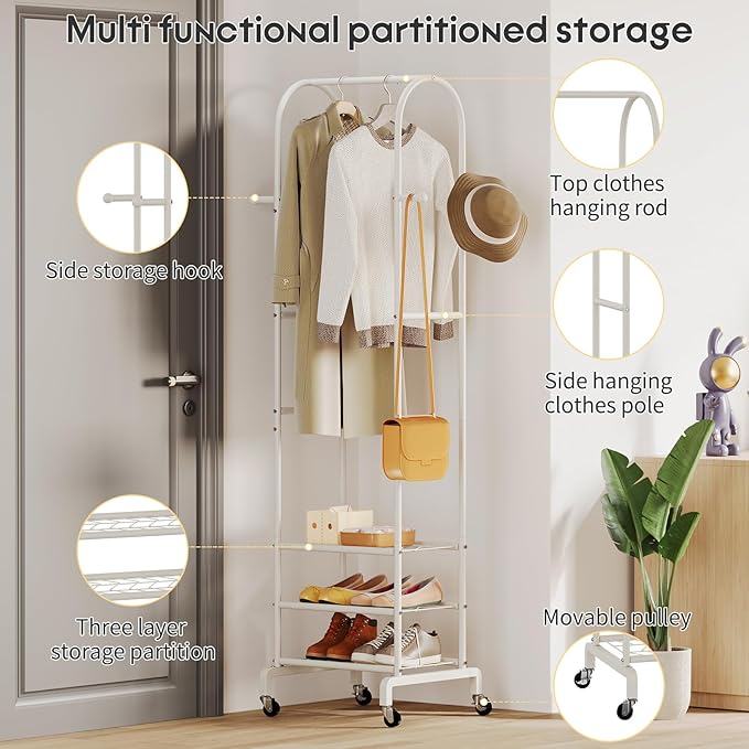 Garment Rack with Wheels,Small Metal Coat Rack With 4 Hooks,Freestanding Heavy Duty Clothing Rack with Shoe Shelves,Hanging Rod for Small Space,Bedroom,Entryway, Office, Living Room (White)