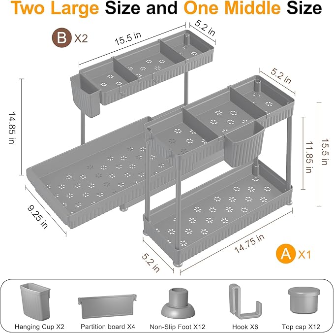 3 Pack Multi-Purpose Under Sink Organizers and Storage, 2027 L-Shaped Pull Out Cabinet Organizer for Bathroom & Kitchen, Under Cabinet Organizer with Hooks Hanging Cup, Grey, Elevated