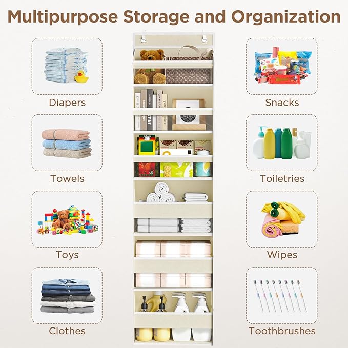 Over The Door Organizer, 6 Shelf Door Hanging Organizers with 6 Large Capacity Pockets, Behind Door Storage Hanging Shelves for Closet Wall Bathroom Bedroom Nursery