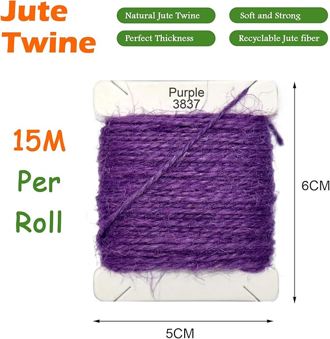 Jute Twine 15m Long Twine String for Crafts Gift Wrapping Packing Gardening Crochet Knitting Macrame Decor (Purple)