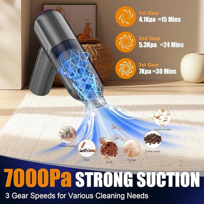 7000Pa Mini Vacuum Cleaner: Handheld Vacuum & Electronics Duster & Hand Pump Cordless Keyboard Vac 3-Gear Compressed Air Blower for Computer Sewing Machine Laptop Car Home Office