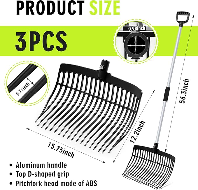 Lasnten 3 Sets Black Manure Fork with Long Metal Handle Pitch Fork Manure Rake Heavy Duty Muck Rake for Gardening Horse Stall Stable Grass Hay Cleaning Farm Work(D Shaped Grip)