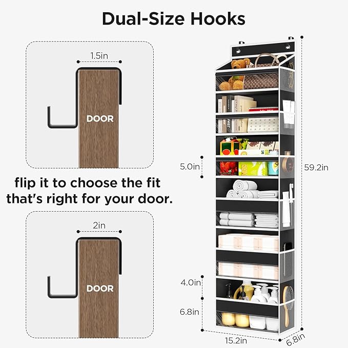 Over The Door Organizer, 6 Shelf Door Hanging Organizers with 6 Large Capacity Pockets, Behind Door Storage Hanging Shelves for Closet Wall Bathroom Bedroom Nursery