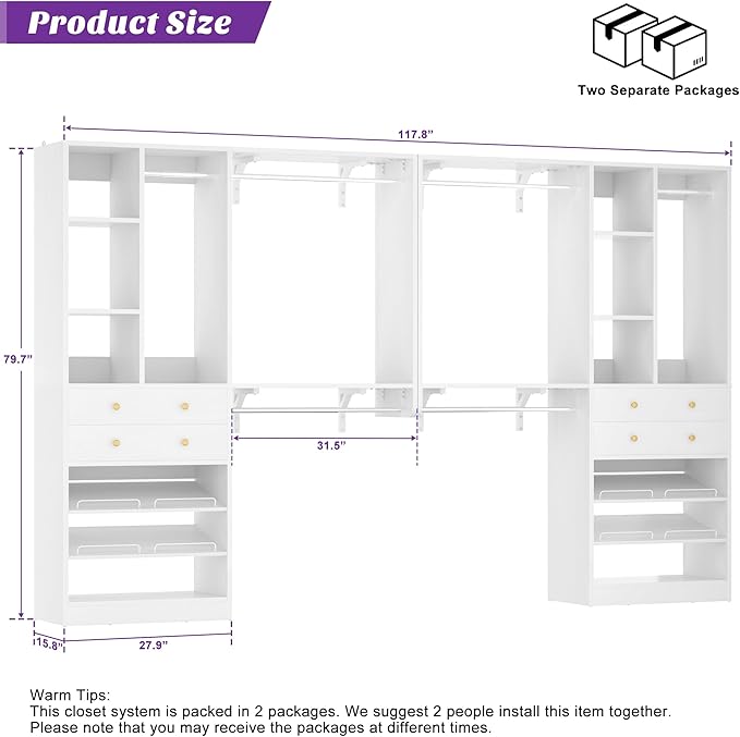 [10 FT Closet System] 120 Inch Reversible Set of 2 Wood Closet Organizer System with 4 Drawers, 6 Hanging Rods Adjustable Shelf, Shoe Rack, White
