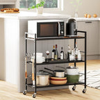 3-Tier Metal Storage Rack with Industrial Wheels,Mesh Shelving Unit with Wooden Table top,Adjustable Shelf,31.5-Inch Width, for Kitchen, Laundry,Pantry,Plant,Black