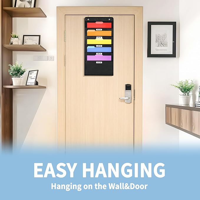 Annecy 5 Pockets Hanging Wall File Organizer, Black Storage Pocket Chart for File Folder and Paper, Space Saver for Office and Classroom, with Wall Hangers, Over The Door Hooks, Labels