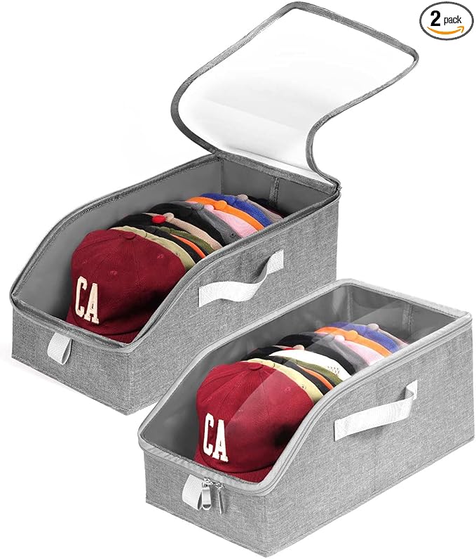 Livelab Hat Organizer for Baseball Caps, Hat Storage Holder Container for Closet Hold Up to 24 Caps with Clear Window, Hat Boxes for Home Storage | 2Pcs Grey