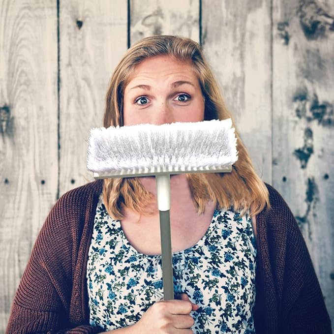 Floor Scrub Brush with Long Handle 54''- Stiff Bristle 2 in 1 Shower Scrubber with Squeegee Cleans Kitchen, Wall, Tile, Grout, Tub and Carpet, Brush Broom Scrubbing Garage, Patio Deck