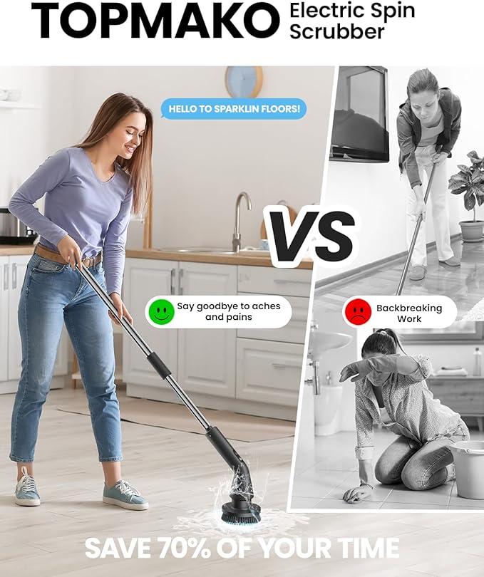 Electric Spin Scrubber, 2025 New Cordless Cleaning Brush for Home, IPX7 Waterproof Spin Scrubber with 7 Brush Heads, Adjustable Long Handle and 2 Rotating Speeds for Bathroom Tub Floor
